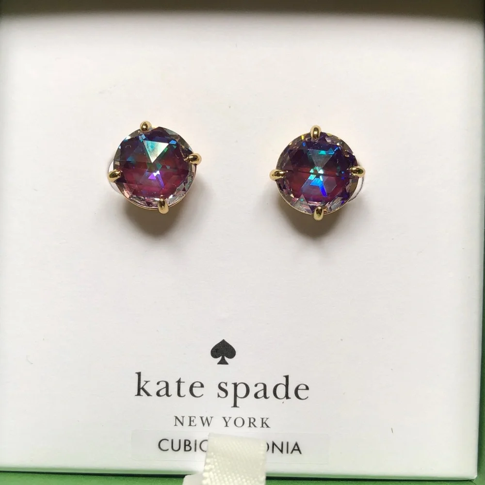 kate spade Bright Ideas Gold Tone & Iridescent Berry Round CZ Stud Earrings NIB